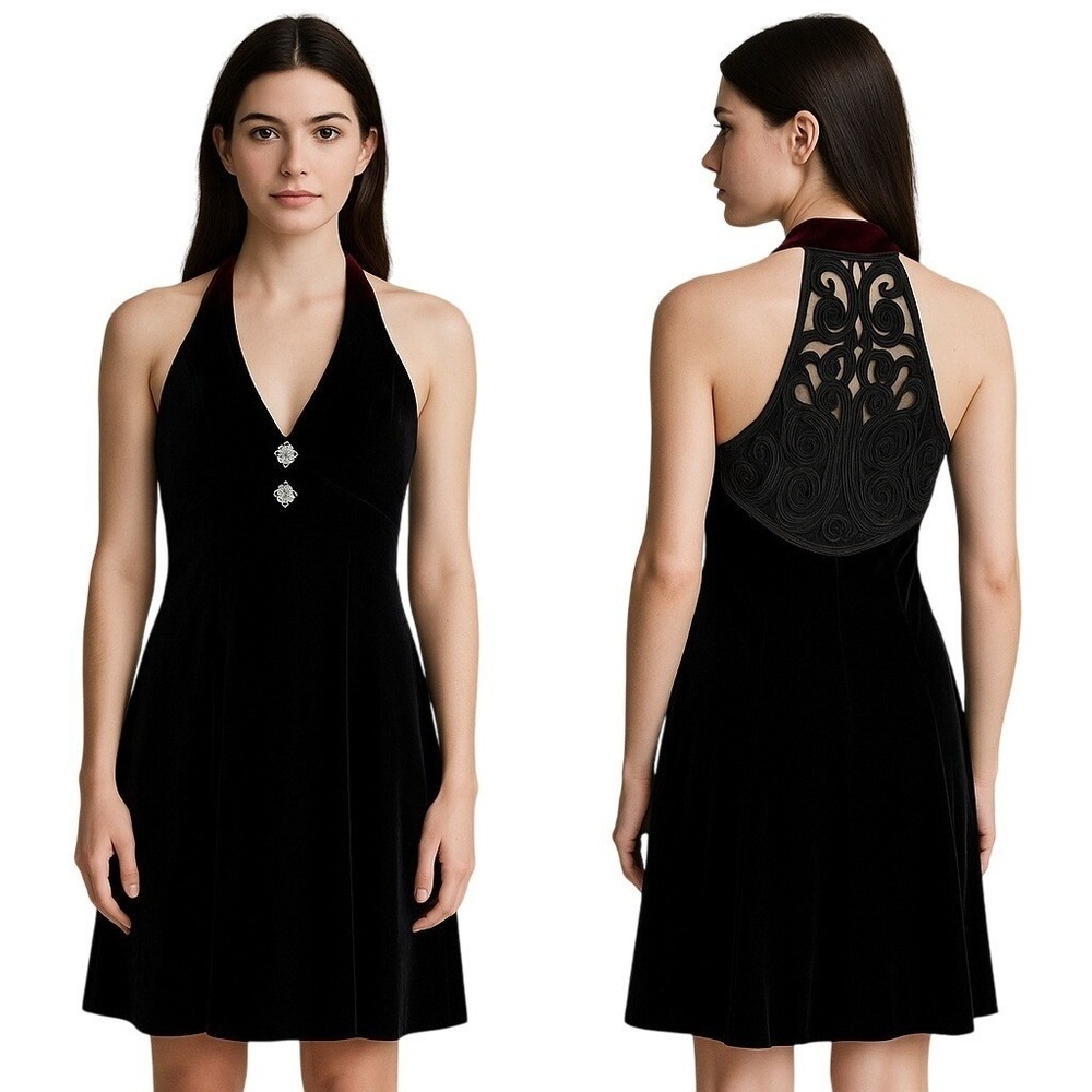 Vtg NWT Jessica McClintock Gunne Sax Black Velvet Halter Dress Lace Back Sz 9/10